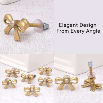 Indian Shelf 6 Pieces Brass Gold Bow Drawer Knobs for Kitchen Cabinet Hardware Nursery Door Decorative Tie Kids Dresser Knobs Pulls Premium Vintage