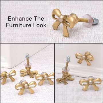 Indian Shelf 6 Pieces Brass Gold Bow Drawer Knobs for Kitchen Cabinet Hardware Nursery Door Decorative Tie Kids Dresser Knobs Pulls Premium Vintage