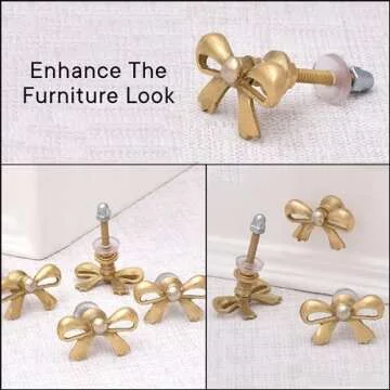 Indian Shelf 6 Pieces Brass Gold Bow Drawer Knobs for Kitchen Cabinet Hardware Nursery Door Decorative Tie Kids Dresser Knobs Pulls Premium Vintage