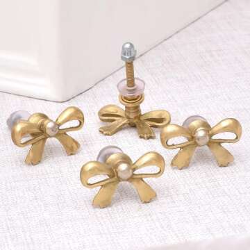 Indian Shelf 6 Pieces Brass Gold Bow Drawer Knobs for Kitchen Cabinet Hardware Nursery Door Decorative Tie Kids Dresser Knobs Pulls Premium Vintage