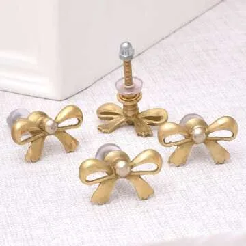 Indian Shelf 6 Pieces Brass Gold Bow Drawer Knobs for Kitchen Cabinet Hardware Nursery Door Decorative Tie Kids Dresser Knobs Pulls Premium Vintage