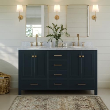 ARIEL 61" Midnight Blue Double Bathroom Vanity, 1.5" Edge Italian Carrara Marble Countertop & Splash...