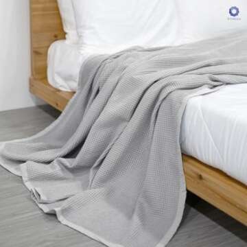 9Threads GOTS Certified Organic Cotton Waffle Weave Blanket, Queen Bed Blanket, 90"X90"Cozy Throw Bl...