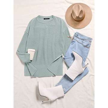 MEROKEETY Women's 2024 Fall Casual Crew Neck Side Split Pullover Sweater Loose Long Sleeve Jumper Top,Sage,XL