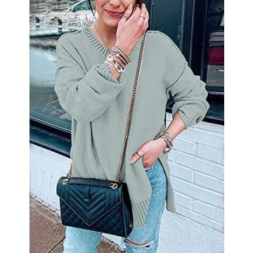 MEROKEETY Women's 2024 Fall Casual Crew Neck Side Split Pullover Sweater Loose Long Sleeve Jumper Top,Sage,XL