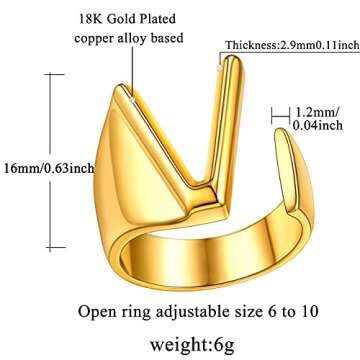 FindChic Initial Rings for Women, Letter V Statement Cuff Rings for Women Alphabet Stackable Knuckle Ring 18K Gold Plated Resizable Fashion Wedding Band Rings Jewelry Gift