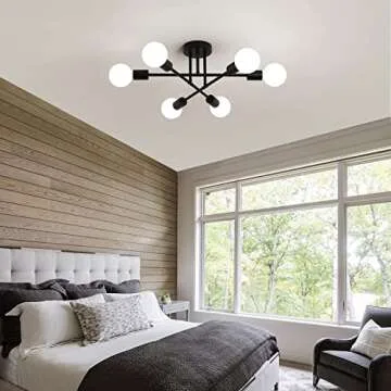 MEIXISUE Black Modern Sputnik Chandelier Ceiling Light Fixtures,6-Lights Industrial Metal Semi Flush Mount Ceiling Light for Bedroom Dining Room Living Room Kitchen Hallway UL Listed