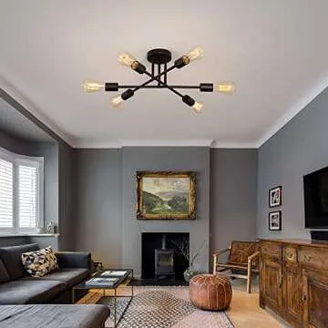 MEIXISUE Black Modern Sputnik Chandelier Ceiling Light Fixtures,6-Lights Industrial Metal Semi Flush Mount Ceiling Light for Bedroom Dining Room Living Room Kitchen Hallway UL Listed