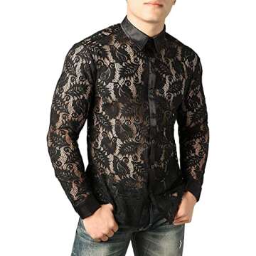 ZEROYAA Mens Night Club Style Lace Leaves Shirts Long Sleeve Button Down Sexy Mesh See Through Dress Shirts ZLCL07 03 Small