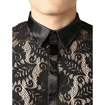 ZEROYAA Mens Night Club Style Lace Leaves Shirts Long Sleeve Button Down Sexy Mesh See Through Dress Shirts ZLCL07 03 Small