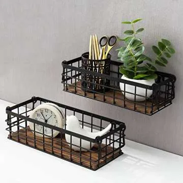 Stylish Black Metal and Wood Storage Baskets Set of 2