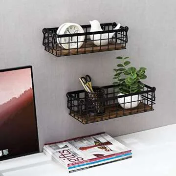 Stylish Black Metal and Wood Storage Baskets Set of 2