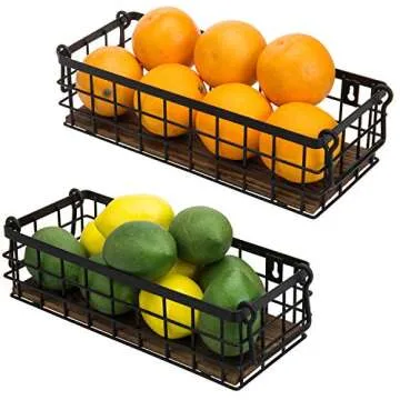 Stylish Black Metal and Wood Storage Baskets Set of 2