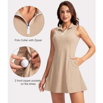 Viodia Women's Tennis Golf Dress with Shorts Underneath Active Exercise Workout Sports Athletic Dresses for Women with Zipper Pockets Light Khaki