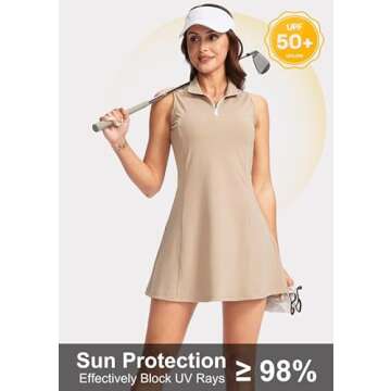 Viodia Women's Tennis Golf Dress with Shorts Underneath Active Exercise Workout Sports Athletic Dresses for Women with Zipper Pockets Light Khaki