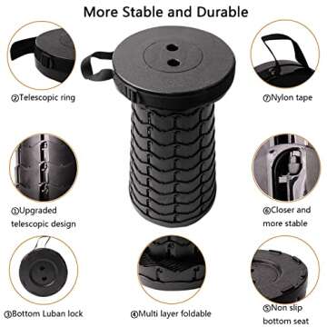 Upgraded Telescoping Stool Collapsible Stool with Seat Cushion & Bag, Retractable Folding Camping Stool for Adults Max Load 500lb More Sturdy Lightweight for Fishing Hiking Gardening (Black-s)