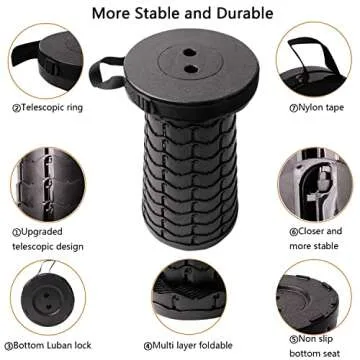 Upgraded Telescoping Stool Collapsible Stool with Seat Cushion & Bag, Retractable Folding Camping Stool for Adults Max Load 500lb More Sturdy Lightweight for Fishing Hiking Gardening (Black-s)