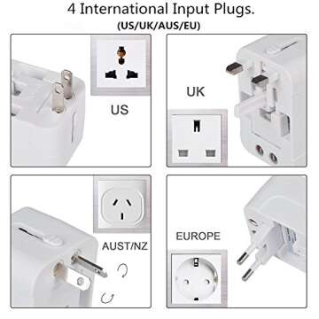 International Universal All in One Worldwide Travel Adapter Wall Charger AC Power Plug Adapter with USB C Charging Ports for USA EU UK AUS European Cell Phone Laptop