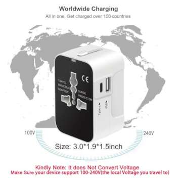 International Universal All in One Worldwide Travel Adapter Wall Charger AC Power Plug Adapter with USB C Charging Ports for USA EU UK AUS European Cell Phone Laptop
