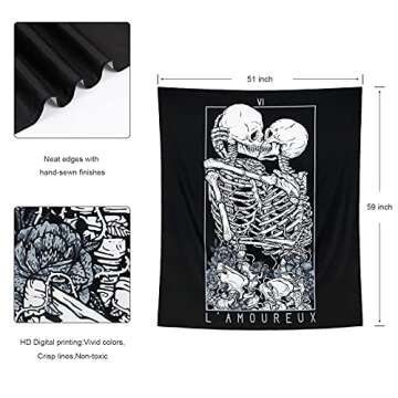 LOMOHOO Skull Tapestry Kissing Lover Black and White Tarot Skeleton Flower Tapestry Wall Hanging Beach Blanket Romantic Bedroom Dorm Home Decor (M:130x150cm/51 x59)