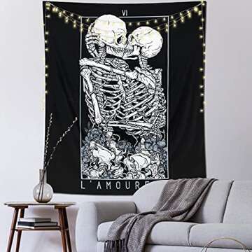 LOMOHOO Skull Tapestry Kissing Lover Black and White Tarot Skeleton Flower Tapestry Wall Hanging Beach Blanket Romantic Bedroom Dorm Home Decor (M:130x150cm/51 x59)