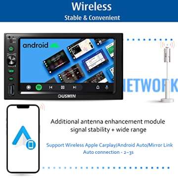 Wireless Carplay Double Din Car Stereo with Back Cam, Android Auto and MirrorLink, OUSMIN 7'' Touch ...