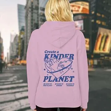 Create Kinder Planet Aesthetic Hoodie, Trendy Hoodie, Words on Back Hoodies for Women/Men, Positive Sweatshirt, Hoodie for Women (Light Pink/Small)