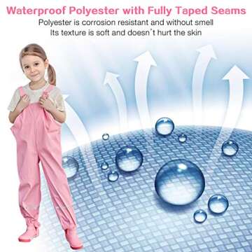 Kids Rain Pants, Toddler Waterproof Little/Big Boys Girls Pants, Trail and Rain Splash Overalls, Mud Dirty Proof Rain Suspender Trousers (Pink, S)