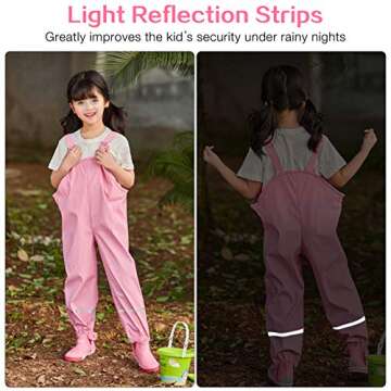Kids Rain Pants, Toddler Waterproof Little/Big Boys Girls Pants, Trail and Rain Splash Overalls, Mud Dirty Proof Rain Suspender Trousers (Pink, S)