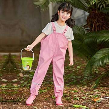 Kids Rain Pants, Toddler Waterproof Little/Big Boys Girls Pants, Trail and Rain Splash Overalls, Mud Dirty Proof Rain Suspender Trousers (Pink, S)