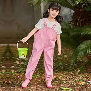 Kids Rain Pants, Toddler Waterproof Little/Big Boys Girls Pants, Trail and Rain Splash Overalls, Mud Dirty Proof Rain Suspender Trousers (Pink, S)