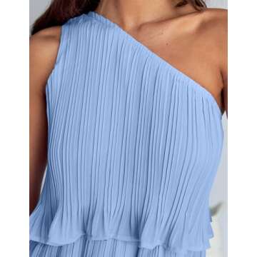 ZESICA Women's 2025 Summer Sleeveless Mini Dress Boho One Shoulder Ruffle Tiered Layered Chiffon Flowy A Line Dresses,Light Blue,Small