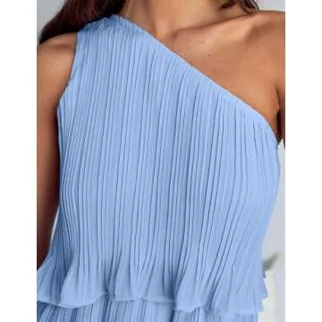 ZESICA Women's 2025 Summer Sleeveless Mini Dress Boho One Shoulder Ruffle Tiered Layered Chiffon Flowy A Line Dresses,Light Blue,Small