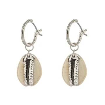 Columbus Rhodium Plated Cowrie Charm Huggie Hoop Earrings