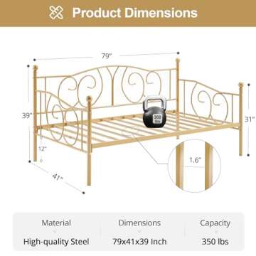 VECELO Metal Daybed Frame Multifunctional Platform Bed Sofa Mattress Foundation with Deluxe Headboard, Twin, Gold