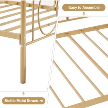 VECELO Metal Daybed Frame Multifunctional Platform Bed Sofa Mattress Foundation with Deluxe Headboard, Twin, Gold