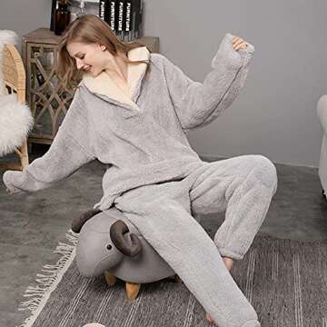 Orvila Womens Fleece Pajama Sets Kawaii Flannel Warm Sleepwear Winter Fuzzy Shearling Rollneck Loung...