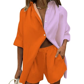 Fixmatti Women Colorblock Two Piece Sweatsuit Summer Half Sleeve Button-Down Shirt High Waisted Shor...
