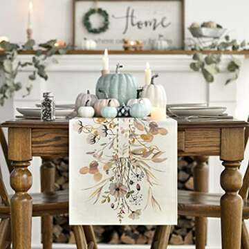 Artoid Mode Wildflower Leaves Floral Fall Table Runner, Autumn Thanksgiving Kitchen Dining Table Dec...