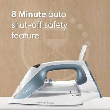 Reliable Velocity 180IR Patented Compact Vapor Generator Steam Iron with no leak or drip technology. Perfect for Clothes, Sewing, Quilting and Crafting, Ceramic Soleplate, Continuous Steam Ironing