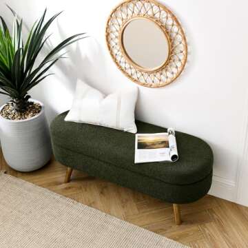 ECLYL Oval Storage Bench 43.5" Linen Fabric Upholstered Entryway Bench with Solid Wood Legs Ottoman Bench Indoor Bench for Living Room/Bedroom/End of Bed/Entryway (Dark Green)