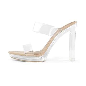 DREAM PAIRS Women's Clear Two Strap Open Toe High Block Chunky Slip on Dress Heel Sandals,Size 7.5,Nude/Clear,DHS217