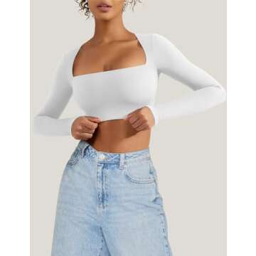 VOYJOY Women's Square Neck Crop Top Workout Tops Long Sleeve Shirts Cropped T Shirts Women Cute Top ...
