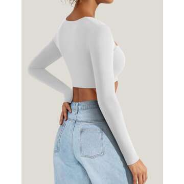 VOYJOY Women's Square Neck Crop Top Workout Tops Long Sleeve Shirts Cropped T Shirts Women Cute Top White