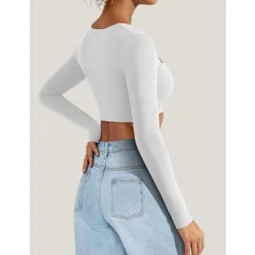 VOYJOY Women's Square Neck Crop Top Workout Tops Long Sleeve Shirts Cropped T Shirts Women Cute Top White