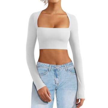 VOYJOY Women's Square Neck Crop Top Workout Tops Long Sleeve Shirts Cropped T Shirts Women Cute Top White
