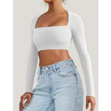 VOYJOY Women's Square Neck Crop Top Workout Tops Long Sleeve Shirts Cropped T Shirts Women Cute Top White