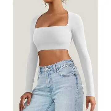 VOYJOY Women's Square Neck Crop Top Workout Tops Long Sleeve Shirts Cropped T Shirts Women Cute Top White