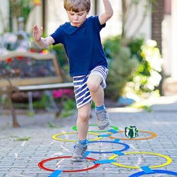 Hopscotch Game Outdoor Games for Kids 10 Plastic Rings 5 Colored and 18 Connectors 4 Bean Bags Indoor or Outdoor Game Obstacle Course for Kids Training (Circle)