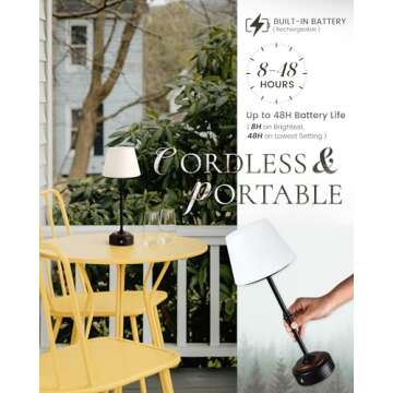 HANASS Cordless LED Table Lamp, Black Desk Lamp with Solid Wood Base, Patio Table Lamp Built-in Rechargeable Battery, 3-Level Brightness Dimmable,Wireless Bedside Night Lamp MT2315